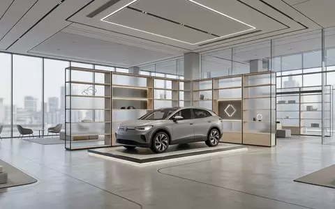 Architektur-Render im Autohaus mit Elektro-SUV zum Thema Tesla Model Y, ISIN US88160R1014, neutrales Tageslicht - Foto: THN