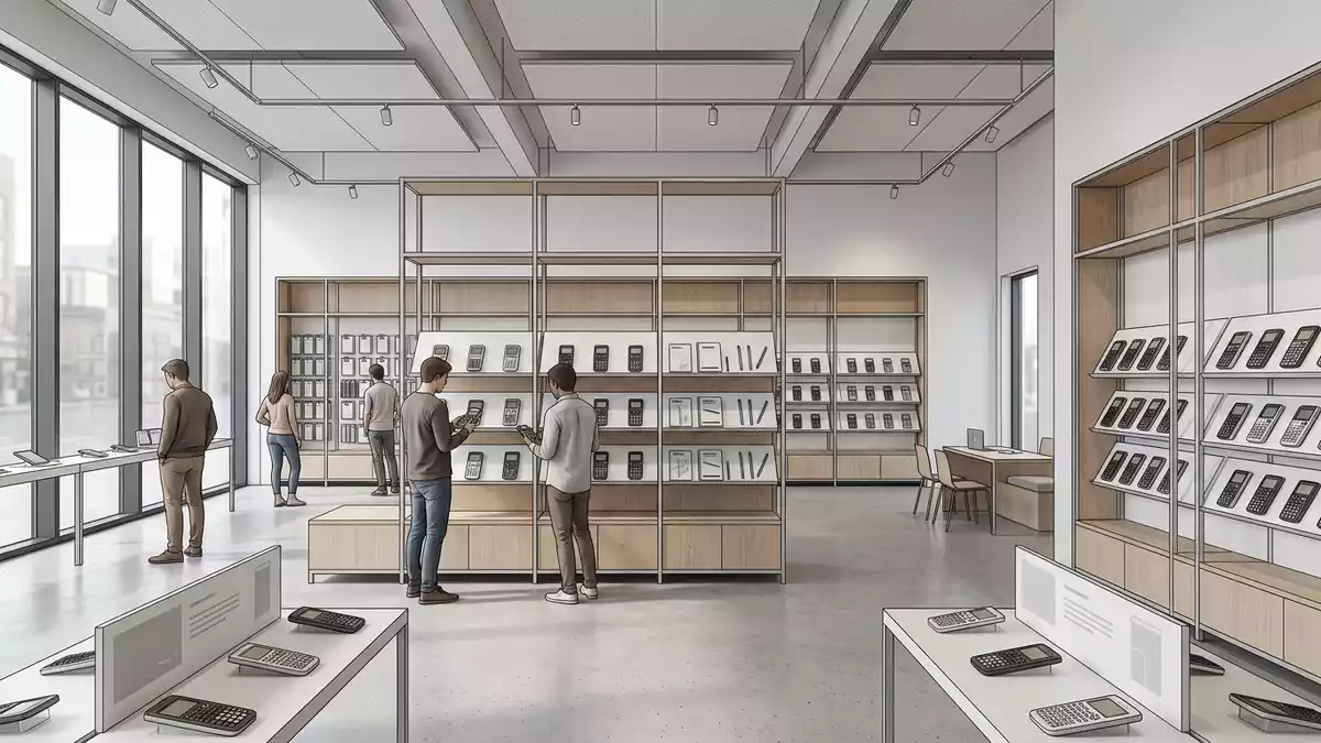 Architektur-Render im Elektronik-Fachmarkt mit Grafikrechner im Ausstellungsbereich
