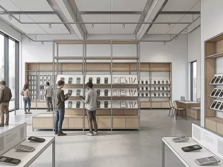Architektur-Render im Elektronik-Fachmarkt mit Grafikrechner zum Thema TI-84 Plus Taschenrechner, ISIN US8825081040, neutrales Tageslicht - Foto: THN