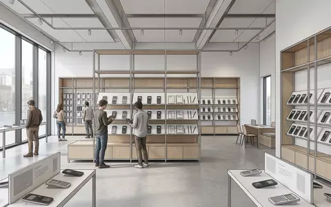 Architektur-Render im Elektronik-Fachmarkt mit Grafikrechner zum Thema TI-84 Plus Taschenrechner, ISIN US8825081040, neutrales Tageslicht - Foto: THN
