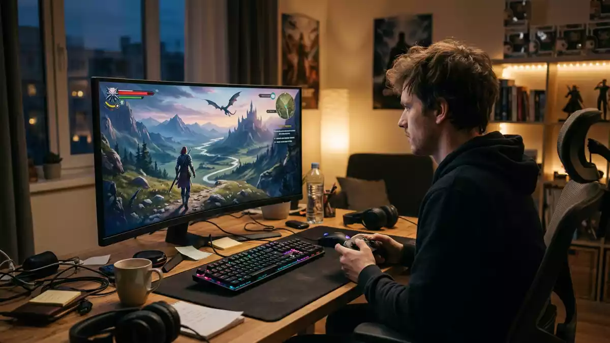 Fotorealistische Ansicht von Abenteuerspiel am Schreibtisch in realer Umgebung