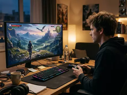 Fotorealistische Aufnahme von Abenteuerspiel am Schreibtisch zum Thema Final Fantasy VII Rebirth, ISIN JP3164630000 - Foto: THN