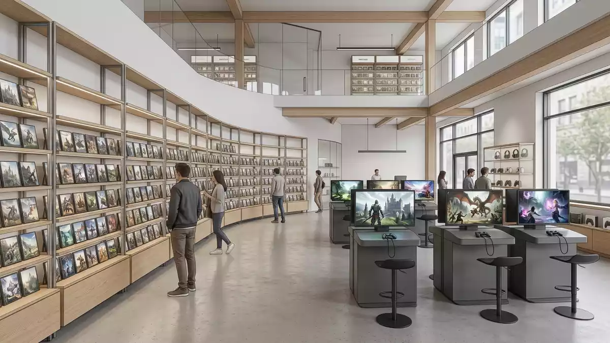 Architektur-Render im Spielefachhandel mit Abenteuerspiel im Ausstellungsbereich