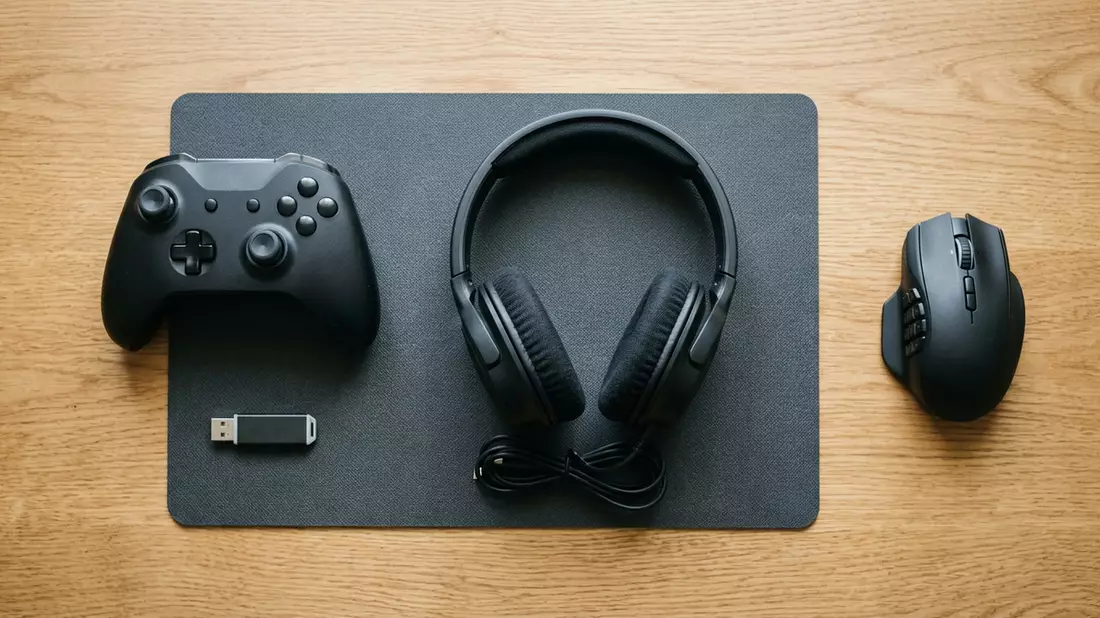 Flatlay-Arrangement rund um Abenteuerspiel mit passenden Requisiten von oben, neutral