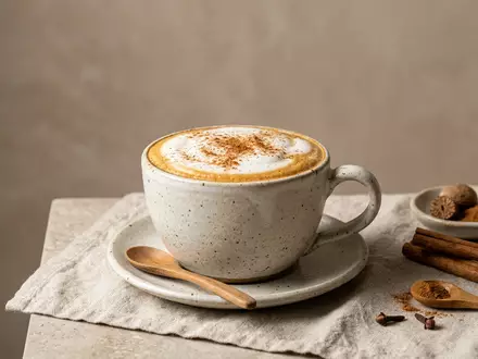 Fotorealistische Studioaufnahme von Gewürzkaffee zum Thema Pumpkin Spice Latte, ISIN US8552441094, klare Lichtfuehrung - Foto: THN