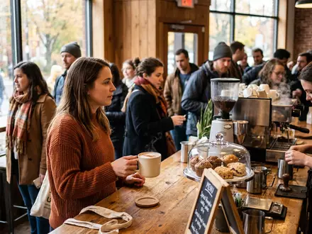 Fotorealistische Aufnahme von Gewürzkaffee im Café zum Thema Pumpkin Spice Latte, ISIN US8552441094, natuerliches Licht - Foto: THN