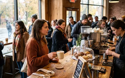 Fotorealistische Aufnahme von Gewürzkaffee im Café zum Thema Pumpkin Spice Latte, ISIN US8552441094, natuerliches Licht - Foto: THN