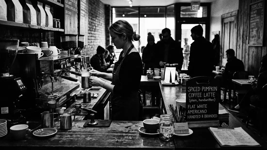 Schwarzweiss-Reportagebild mit Gewürzkaffee in dokumentarischer Arbeitsumgebung