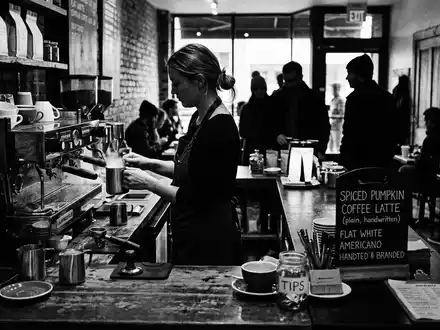 Schwarzweiss-Reportage mit Gewürzkaffee zum Thema Pumpkin Spice Latte, ISIN US8552441094, hoher Kontrast - Foto: THN