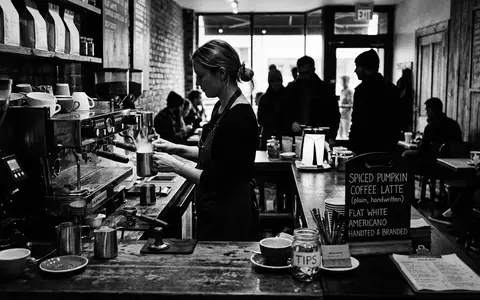 Schwarzweiss-Reportage mit Gewürzkaffee zum Thema Pumpkin Spice Latte, ISIN US8552441094, hoher Kontrast - Foto: THN