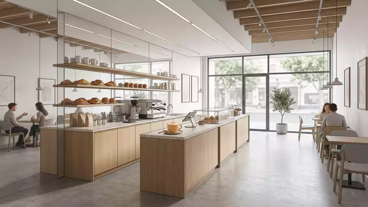 Architektur-Render im Café mit Gewürzkaffee im Ausstellungsbereich, sachlich dargestellt