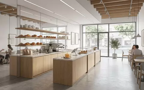 Architektur-Render im Café mit Gewürzkaffee zum Thema Pumpkin Spice Latte, ISIN US8552441094, neutrales Tageslicht - Foto: THN