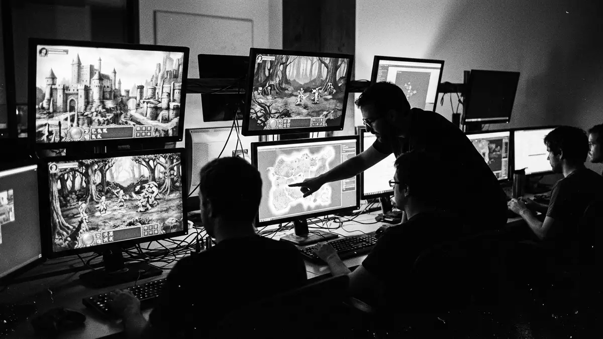 Schwarzweiss-Reportagebild mit Rollenspiel in dokumentarischer Arbeitsumgebung