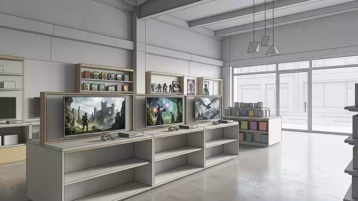 Architektur-Render im Spielefachhandel mit Rollenspiel im Ausstellungsbereich, neutral