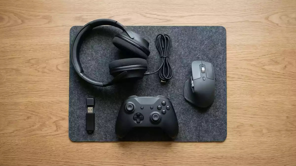 Flatlay-Arrangement rund um Rollenspiel mit passenden Requisiten von oben, neutral