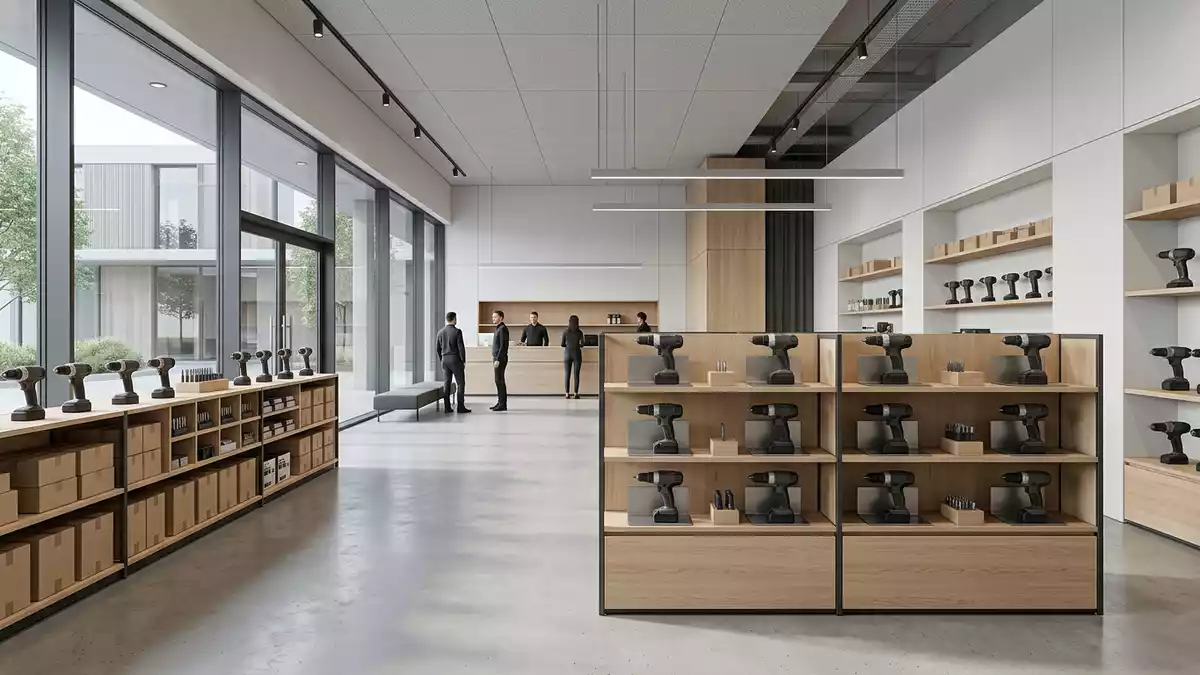Architektur-Render im Werkzeugfachhandel mit Akkuschrauber im Ausstellungsbereich
