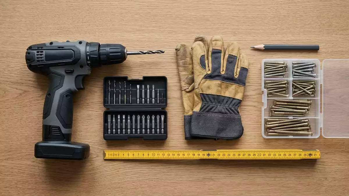 Flatlay-Arrangement rund um Akkuschrauber mit passenden Requisiten von oben, neutral