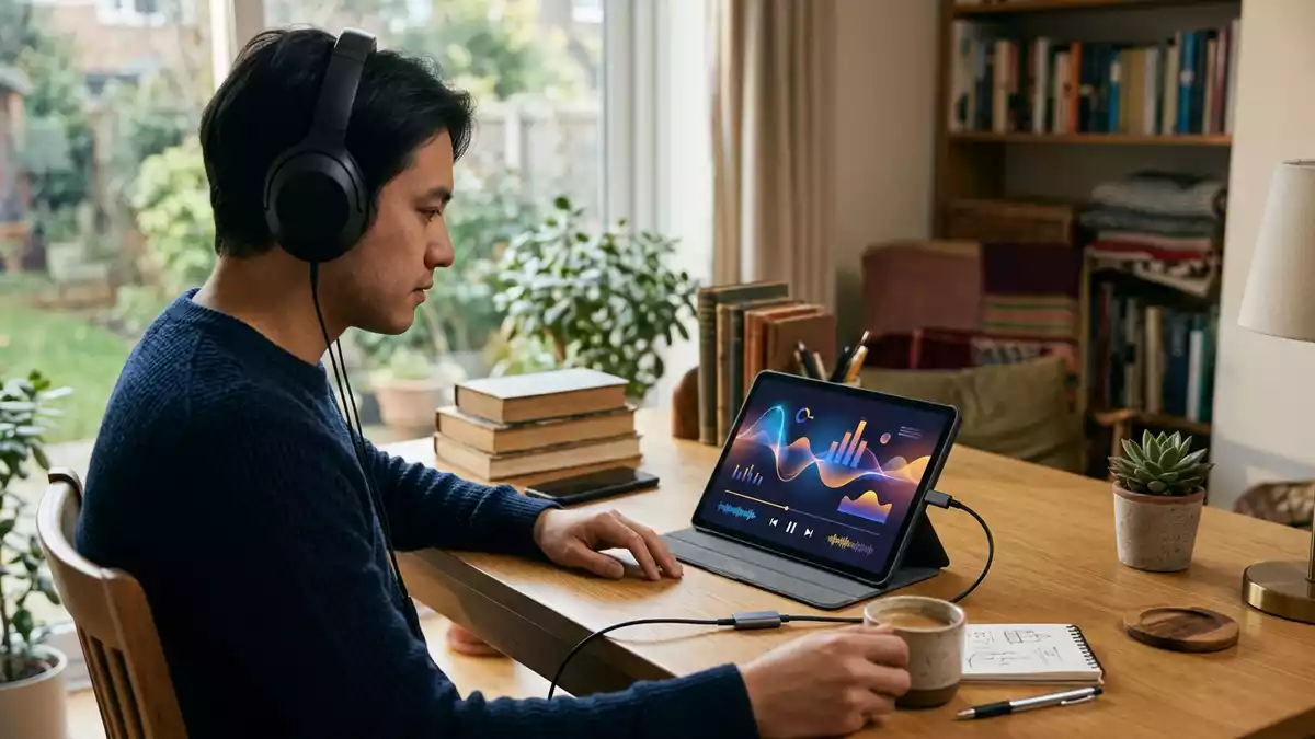 Fotorealistische Ansicht von Musik-Streaming-App zu Hause in realer Umgebung, neutral