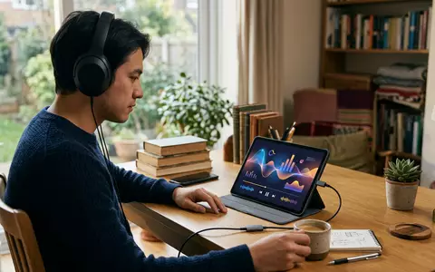 Fotorealistische Aufnahme von Musik-Streaming-App zu Hause zum Thema Spotify Premium, ISIN LU1778762911, natuerliches Licht - Foto: THN