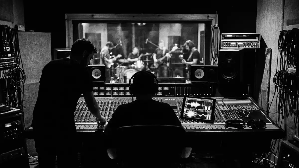Schwarzweiss-Reportagebild mit Musik-Streaming-App in dokumentarischer Arbeitsumgebung