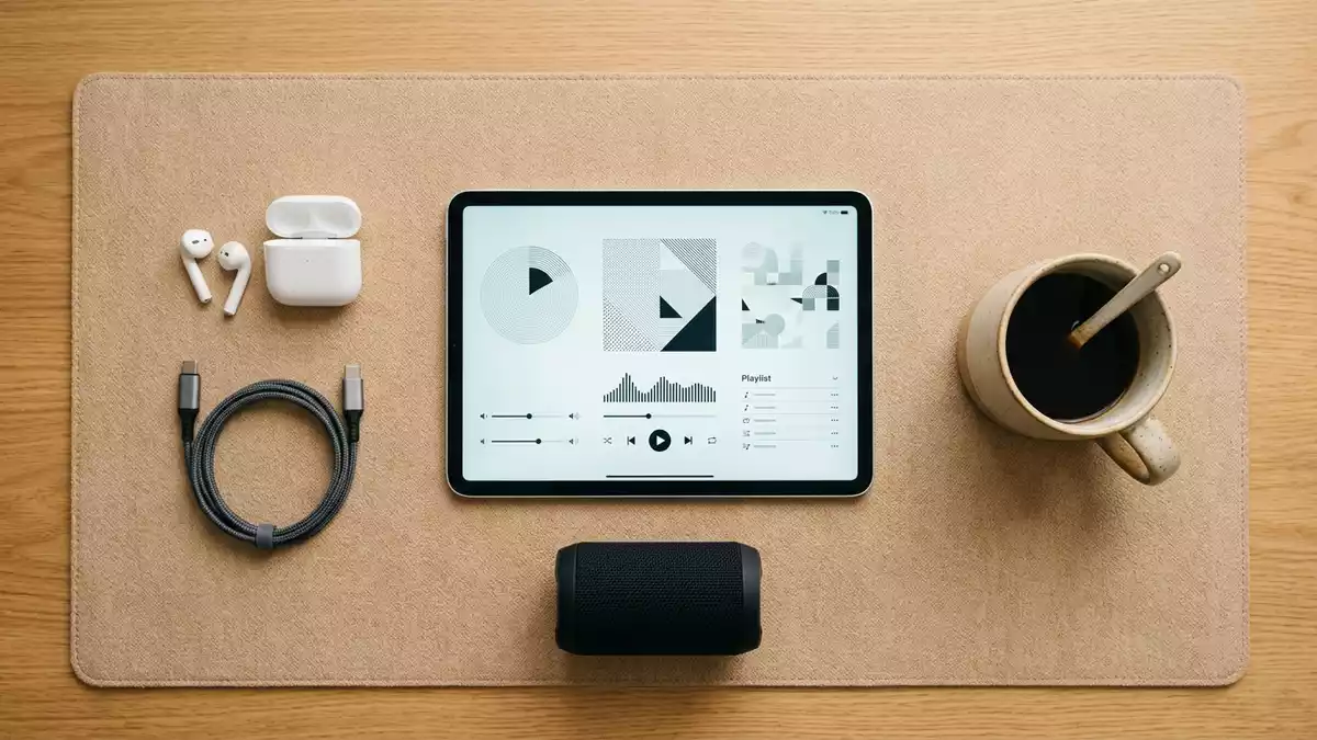 Flatlay-Arrangement rund um Musik-Streaming-App mit passenden Requisiten von oben