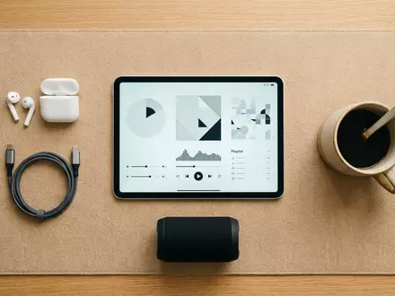 Flatlay-Arrangement rund um Musik-Streaming-App zum Thema Spotify Premium, ISIN LU1778762911, weiches Oberlicht - Foto: THN