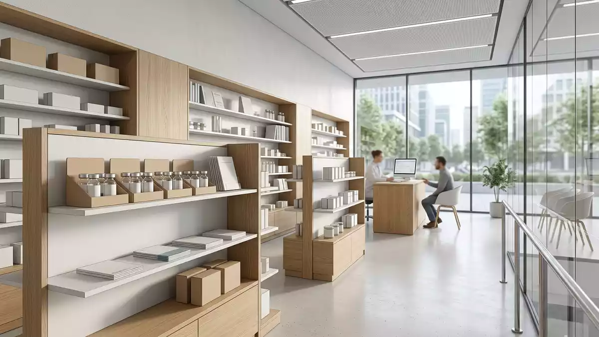 Architektur-Render im Apotheke mit Reiseimpfstoff im Ausstellungsbereich, neutral