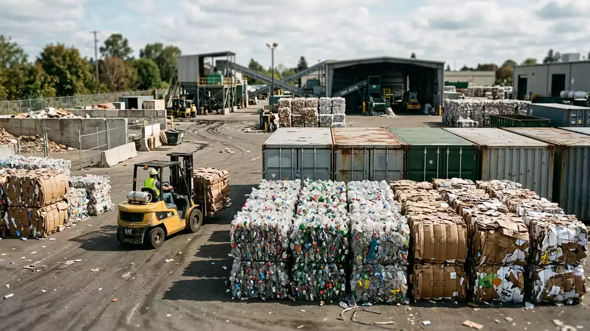 Fotorealistische Ansicht von Recyclinganlage im Recyclingbetrieb in realer Umgebung