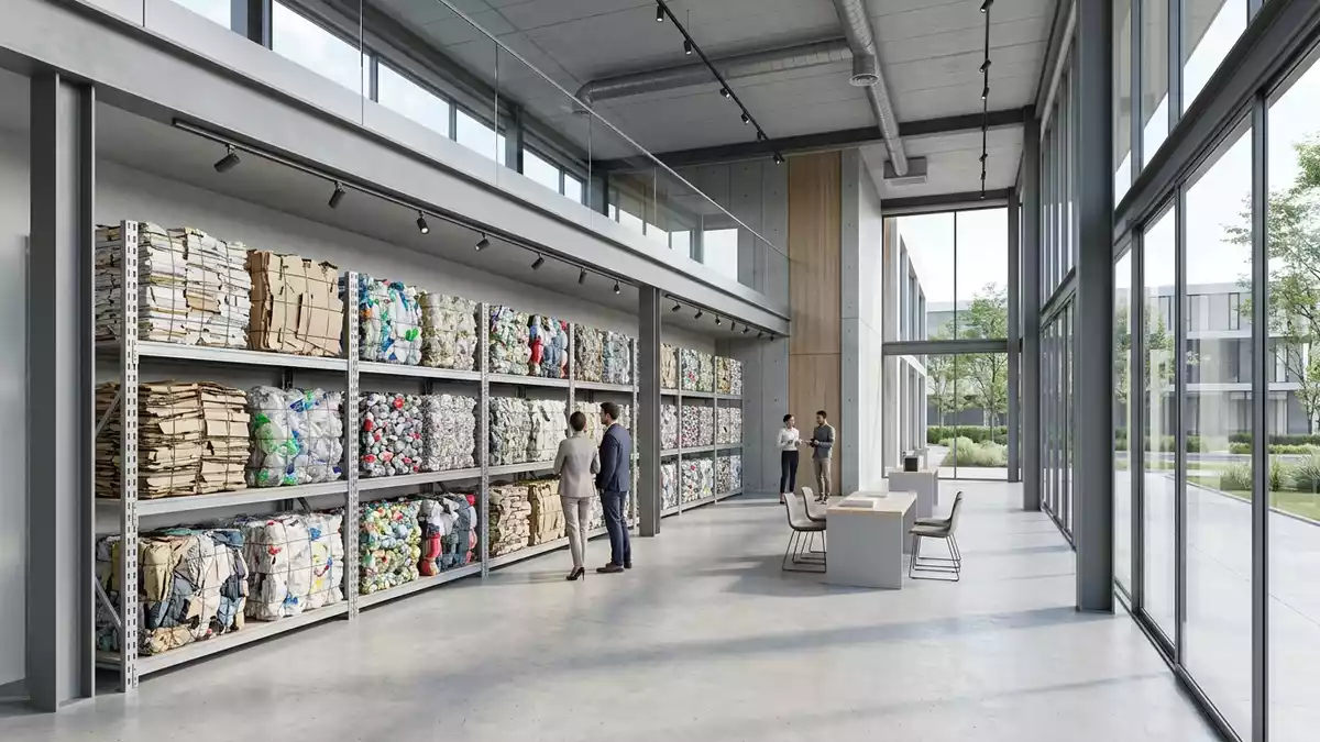 Architektur-Render im Recyclingtechnik-Fachhandel mit Recyclinganlage im Ausstellungsbereich