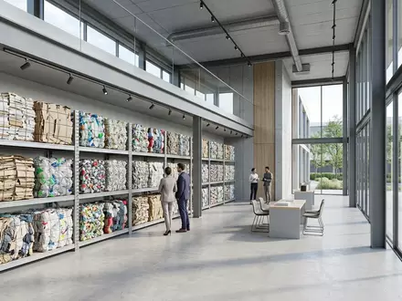 Architektur-Render im Recyclingtechnik-Fachhandel mit Recyclinganlage zum Thema Veolia Recycling, ISIN FR0000124141, neutrales Tageslicht - Foto: THN