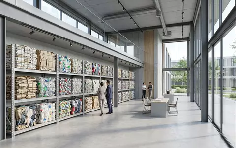 Architektur-Render im Recyclingtechnik-Fachhandel mit Recyclinganlage zum Thema Veolia Recycling, ISIN FR0000124141, neutrales Tageslicht - Foto: THN