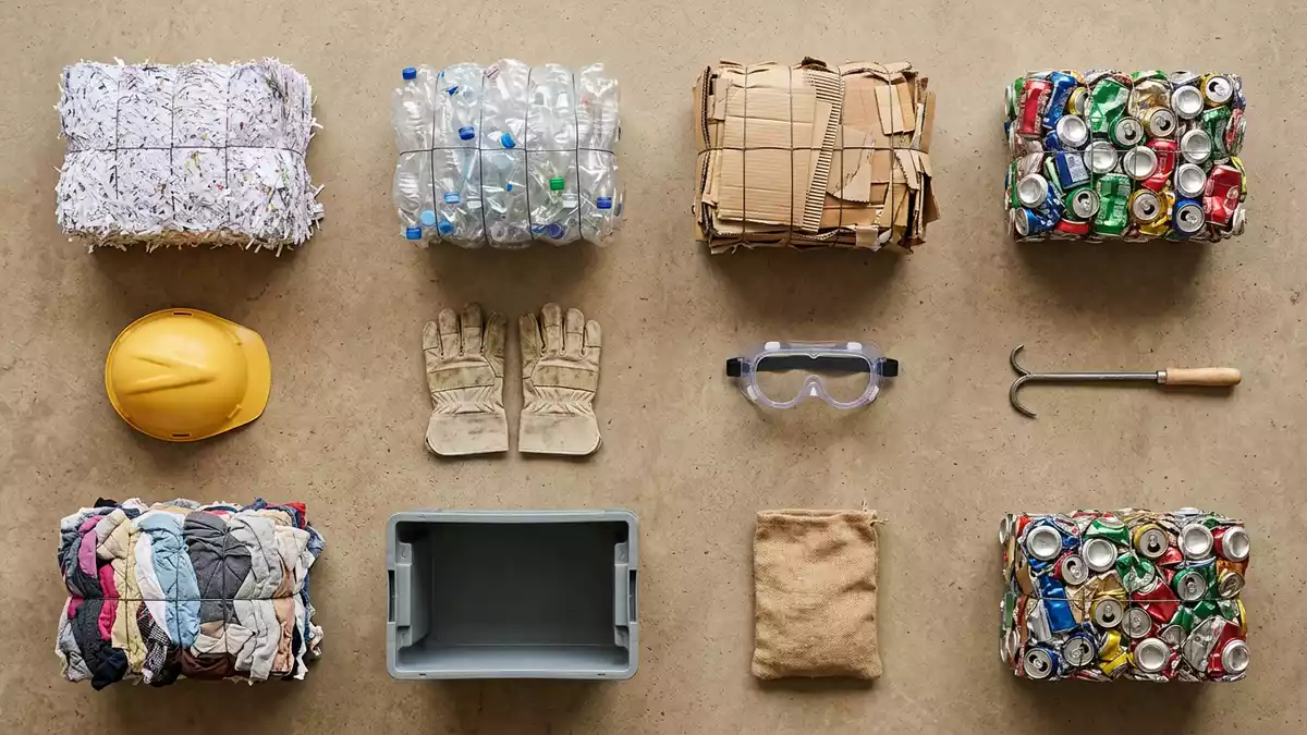 Flatlay-Arrangement rund um Recyclinganlage mit passenden Requisiten von oben, neutral
