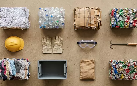 Flatlay-Arrangement rund um Recyclinganlage zum Thema Veolia Recycling, ISIN FR0000124141, weiches Oberlicht - Foto: THN