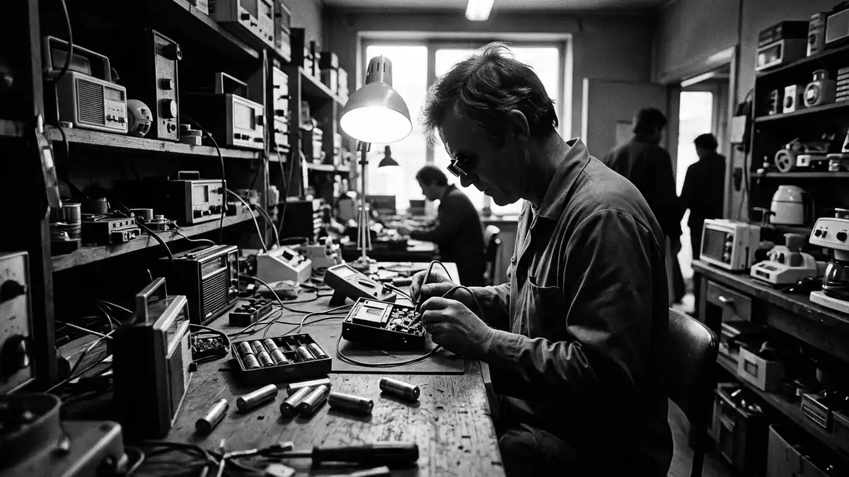 Schwarzweiss-Reportagebild mit Mignonbatterien in dokumentarischer Arbeitsumgebung
