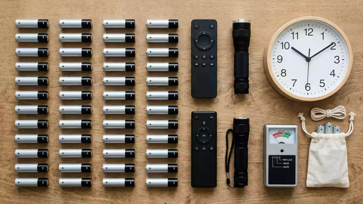 Flatlay-Arrangement rund um Mignonbatterien mit passenden Requisiten von oben, neutral
