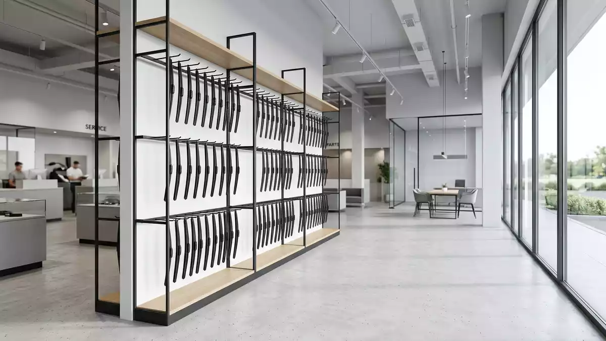 Architektur-Render im Autoteile-Fachhandel mit Scheibenwischer im Ausstellungsbereich