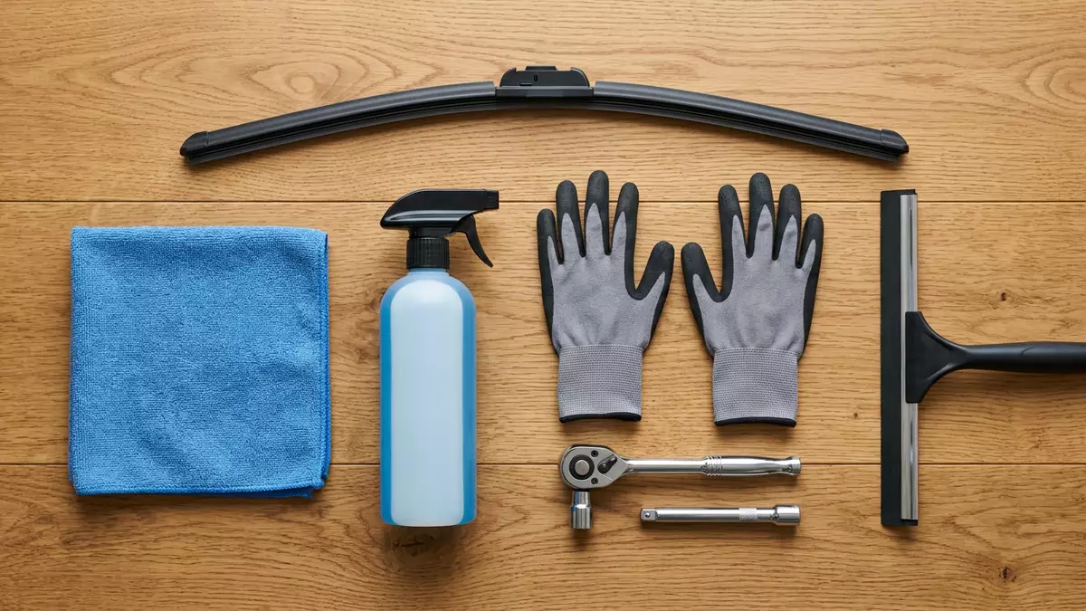 Flatlay-Arrangement rund um Scheibenwischer mit passenden Requisiten von oben, neutral