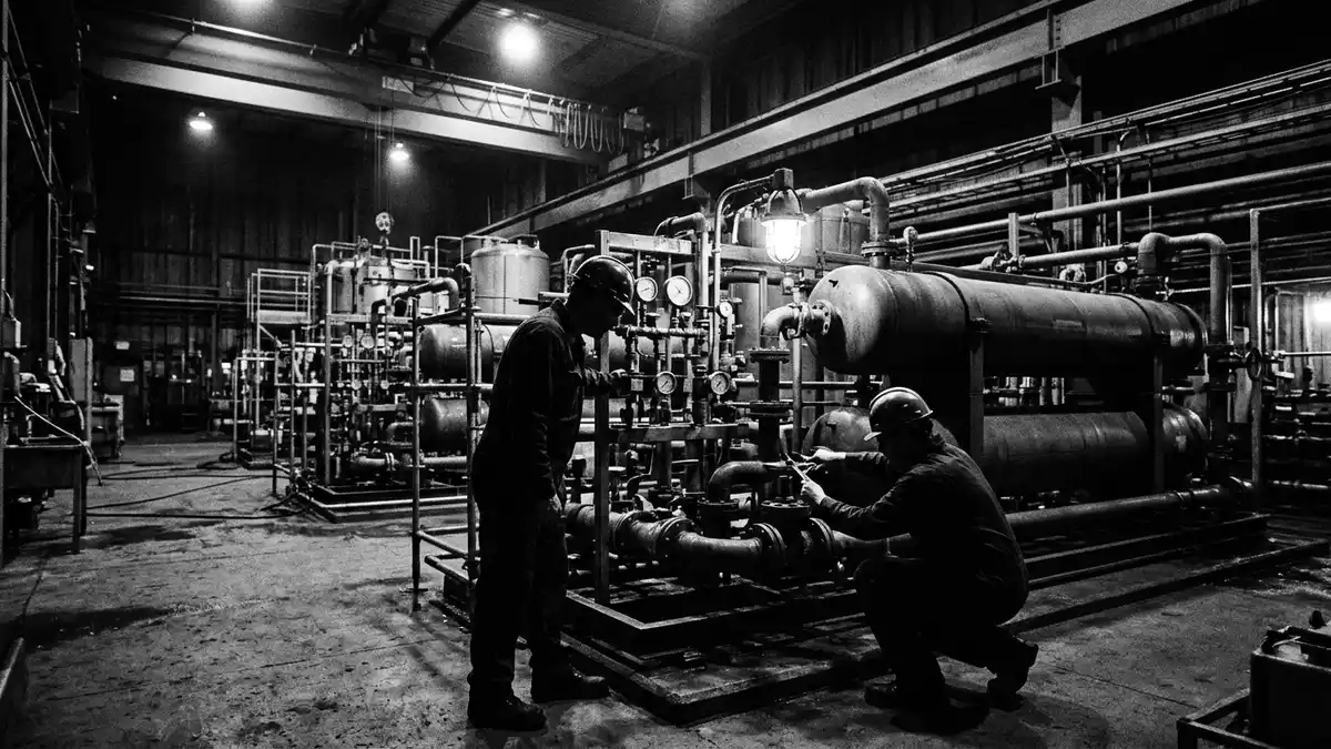 Schwarzweiss-Reportagebild mit Wasseraufbereitung in dokumentarischer Arbeitsumgebung