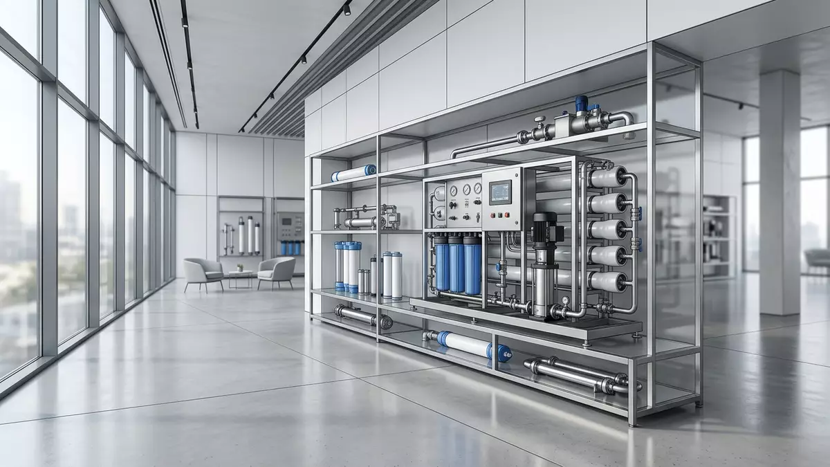 Architektur-Render im Wassertechnik-Fachhandel mit Wasseraufbereitung im Ausstellungsbereich