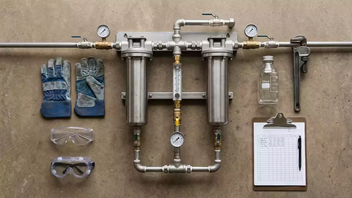 Flatlay-Arrangement rund um Wasseraufbereitung mit passenden Requisiten von oben