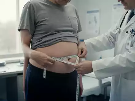 Eine ärztliche Untersuchung bei der der Taillenumfang eines Patienten mit einem Maßband gemessen wird. - Foto: über boerse-global.de