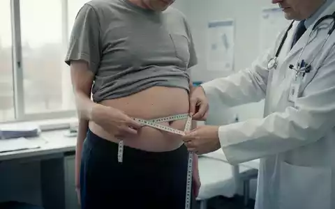 Eine ärztliche Untersuchung bei der der Taillenumfang eines Patienten mit einem Maßband gemessen wird. - Foto: über boerse-global.de