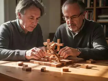 Eine Person mittleren Alters löst konzentriert ein komplexes Holzpuzzle in einer hellen, wohnlichen Bibliothek. - Foto: über boerse-global.de