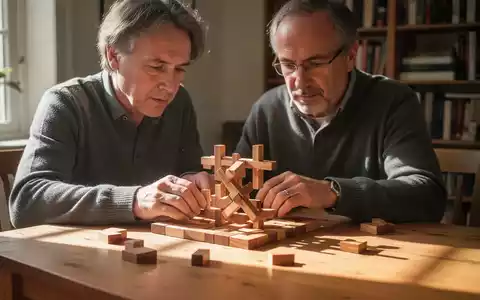Eine Person mittleren Alters löst konzentriert ein komplexes Holzpuzzle in einer hellen, wohnlichen Bibliothek. - Foto: über boerse-global.de