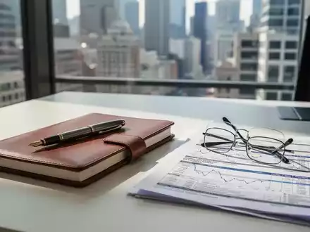 Schreibtisch in einem modernen Finanzbüro mit Notizbuch, Brille und Unterlagen bei natürlichem Tageslicht. - Foto: über boerse-global.de