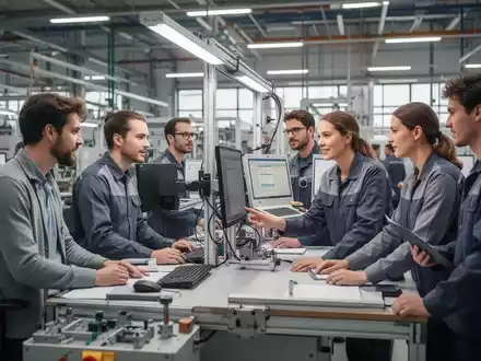 Mitarbeiter in einer modernen Industriehalle bei der Arbeit an einem ergonomisch angepassten Arbeitsplatz. - Foto: über boerse-global.de