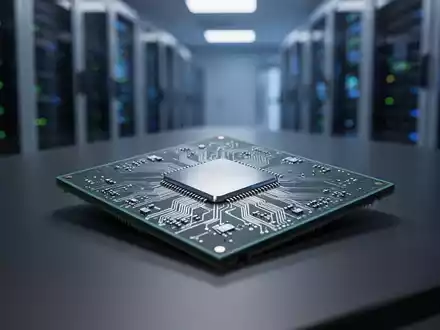 Ein hochmoderner Computer-Prozessor auf einem Labortisch vor dem unscharfen Hintergrund eines Rechenzentrums. - Foto: über boerse-global.de