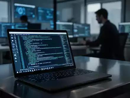 Nahaufnahme eines Laptops mit komplexem Programmiercode in einer professionellen Büroumgebung. - Foto: über boerse-global.de