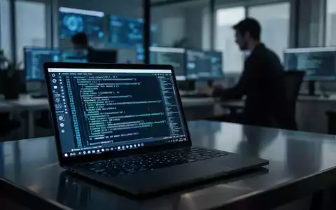 Nahaufnahme eines Laptops mit komplexem Programmiercode in einer professionellen Büroumgebung. - Foto: über boerse-global.de