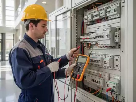 Elektrofachkraft bei der Überprüfung einer elektrischen Anlage in einem öffentlichen Gebäude. - Foto: über boerse-global.de